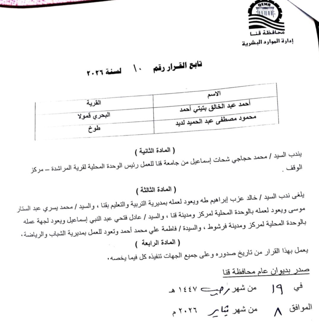 محافظ قنا يعتمد حركة تنقلات جديدة لرؤساء الوحدات المحلية القروية - الفجر سبورت